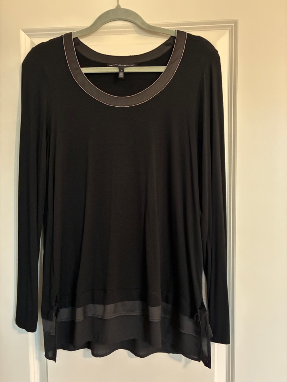 White House Black Market Black Long-Sleeve Scoop Neck Top with Contrast Trim